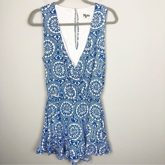SHOW ME YOUR MUMU | Riri Blue & White Romper Mykonos Print Women’s Size Medium - Picture 2 of 9